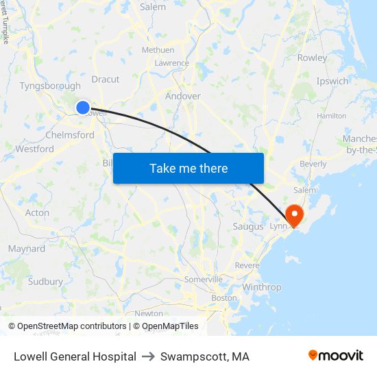 Lowell General Hospital to Swampscott, MA map