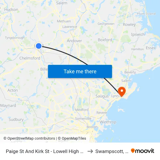 Paige St And Kirk St - Lowell High School to Swampscott, MA map