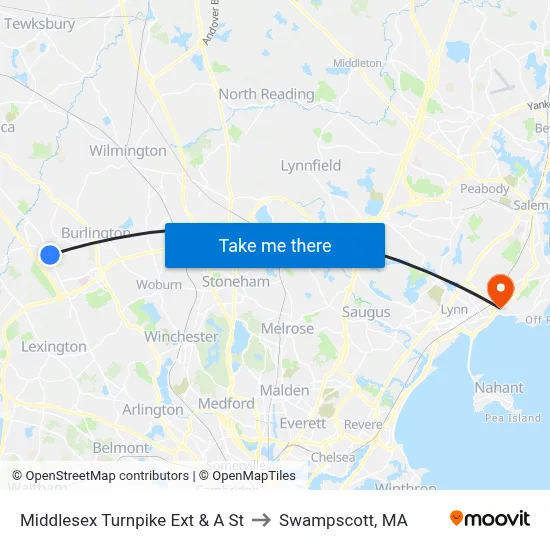 Middlesex Turnpike Ext & A St to Swampscott, MA map