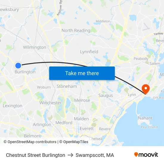 Chestnut Street Burlington to Swampscott, MA map