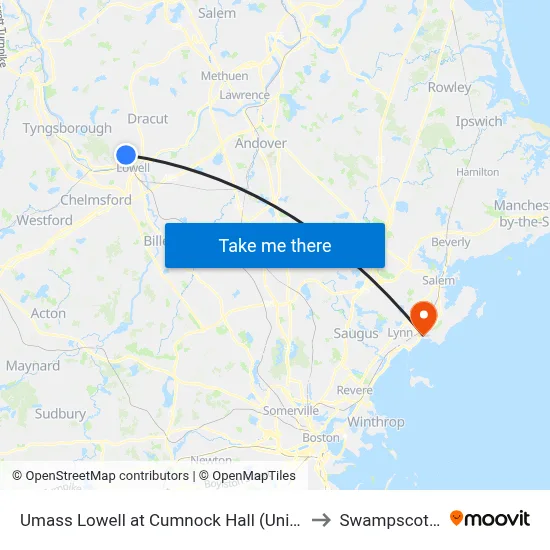 Umass Lowell at Cumnock Hall (University Ave) to Swampscott, MA map