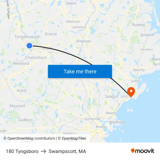 180 Tyngsboro to Swampscott, MA map