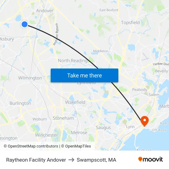 Raytheon Facility Andover to Swampscott, MA map