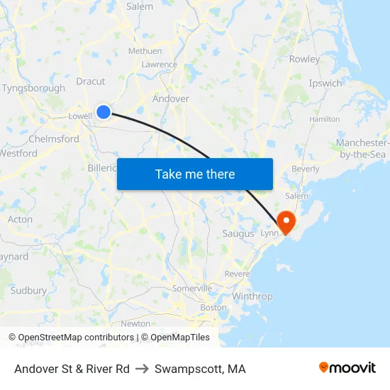 Andover St & River Rd to Swampscott, MA map