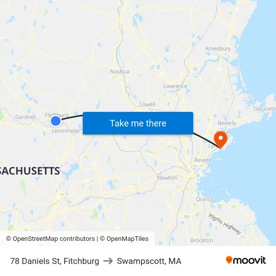78 Daniels St, Fitchburg to Swampscott, MA map