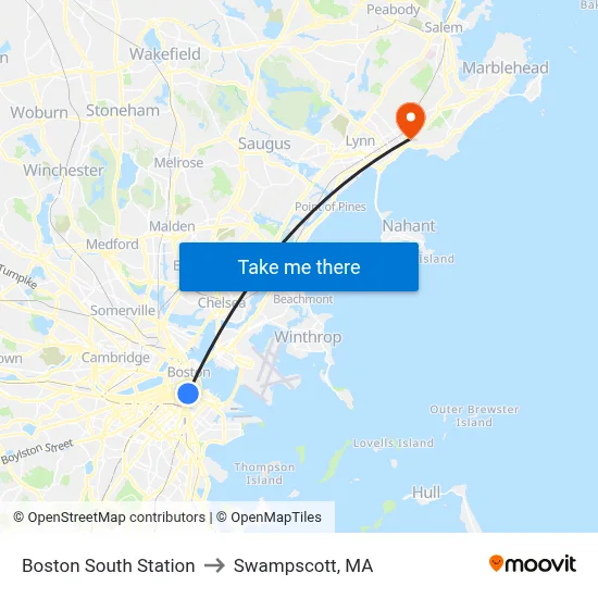Boston South Station to Swampscott, MA map