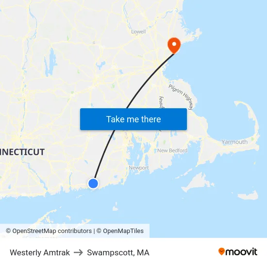 Westerly Amtrak to Swampscott, MA map