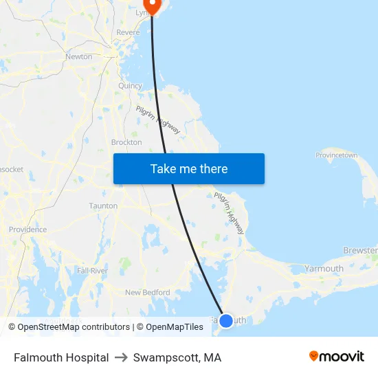 Falmouth Hospital to Swampscott, MA map