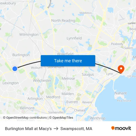 Burlington Mall at Macy's to Swampscott, MA map