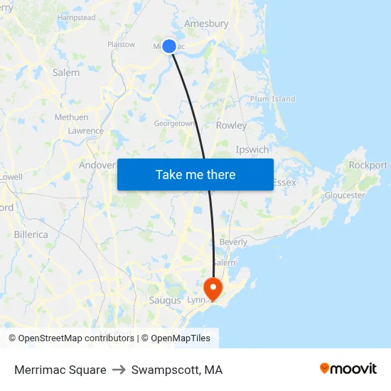 Merrimac Square to Swampscott, MA map