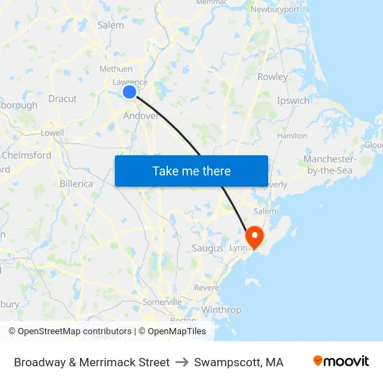 Broadway & Merrimack Street to Swampscott, MA map