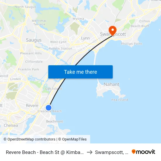 Revere Beach - Beach St @ Kimball Ave to Swampscott, MA map