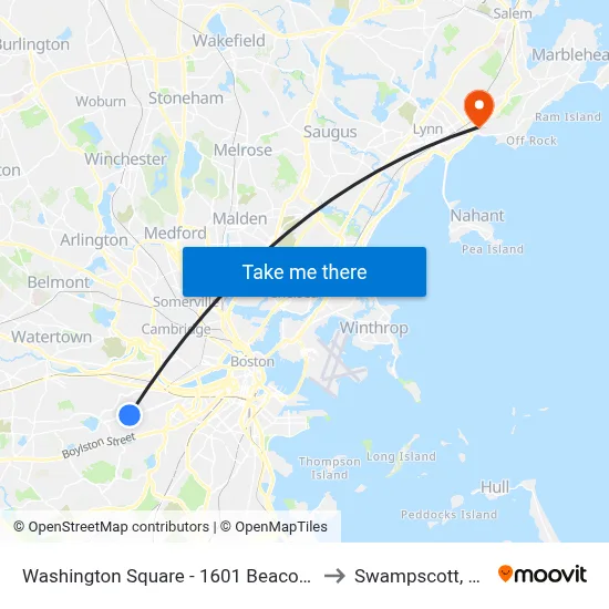 Washington Square - 1601 Beacon St to Swampscott, MA map