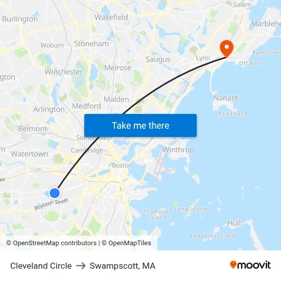 Cleveland Circle to Swampscott, MA map
