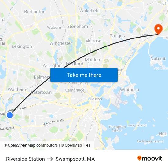 Riverside Station to Swampscott, MA map