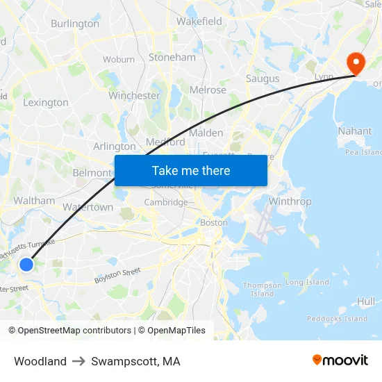 Woodland to Swampscott, MA map