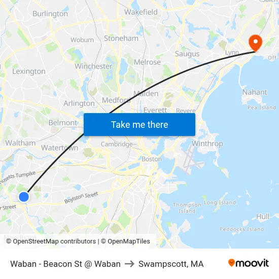 Waban - Beacon St @ Waban to Swampscott, MA map