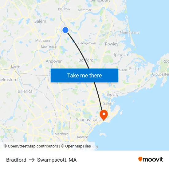 Bradford to Swampscott, MA map