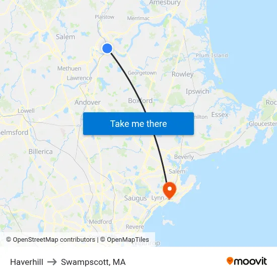 Haverhill to Swampscott, MA map