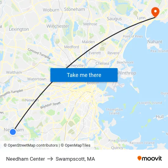 Needham Center to Swampscott, MA map