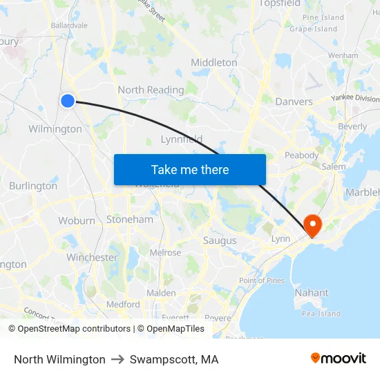 North Wilmington to Swampscott, MA map