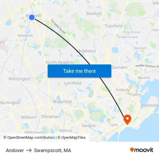 Andover to Swampscott, MA map