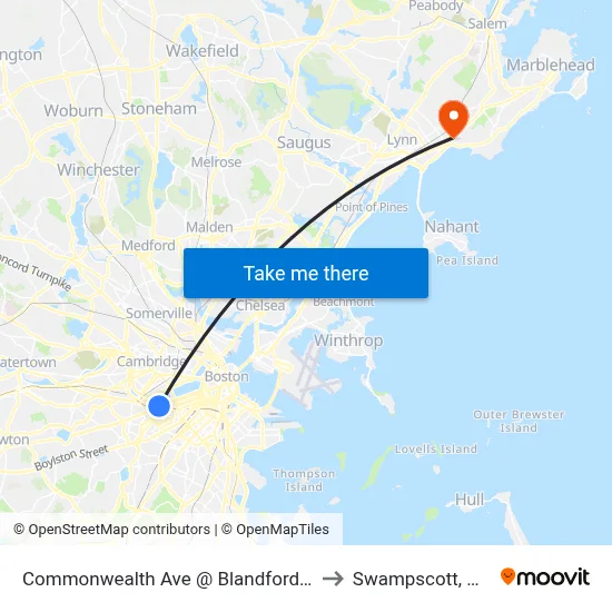 Commonwealth Ave @ Blandford St to Swampscott, MA map