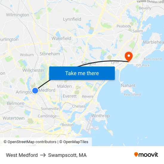 West Medford to Swampscott, MA map