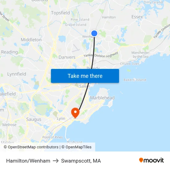 Hamilton/Wenham to Swampscott, MA map