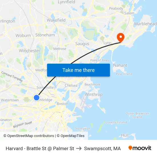 Harvard - Brattle St @ Palmer St to Swampscott, MA map