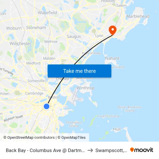 Back Bay - Columbus Ave @ Dartmouth St to Swampscott, MA map