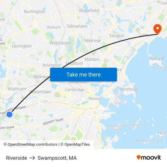 Riverside to Swampscott, MA map