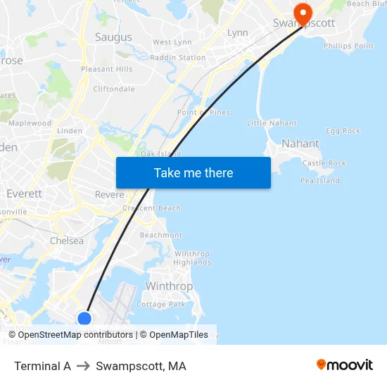 Terminal A to Swampscott, MA map