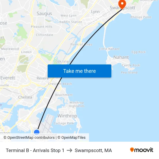 Terminal B - Arrivals Stop 1 to Swampscott, MA map