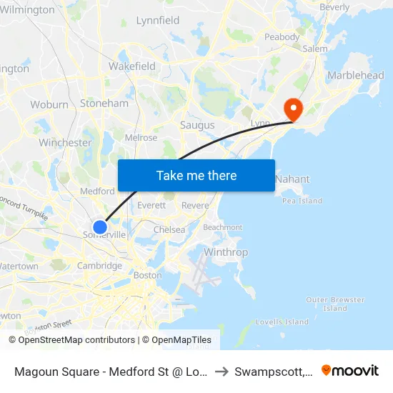 Magoun Square - Medford St @ Lowell St to Swampscott, MA map