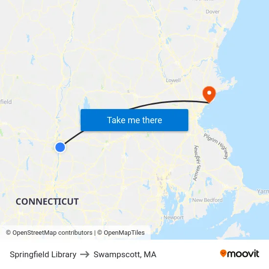 Springfield Library to Swampscott, MA map