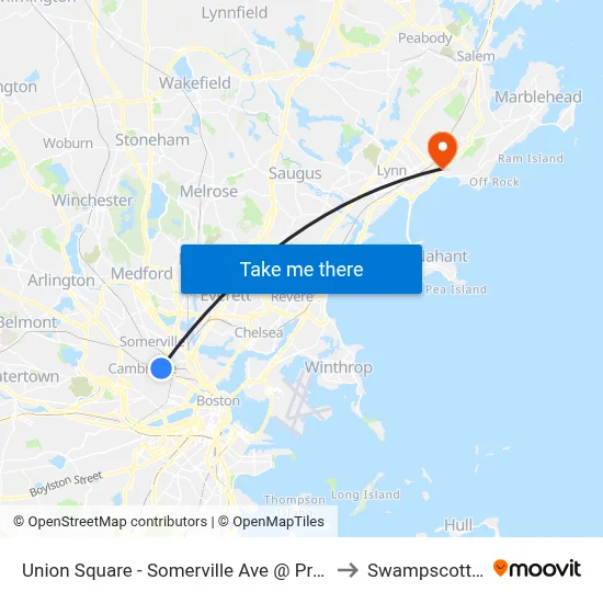 Union Square - Somerville Ave @ Prospect St to Swampscott, MA map
