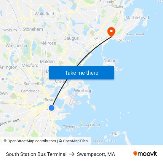 South Station Bus Terminal to Swampscott, MA map
