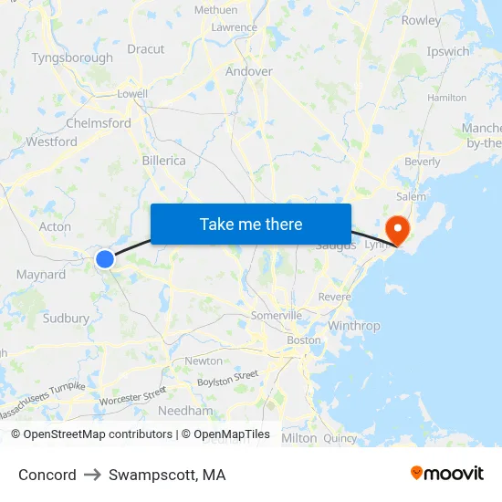 Concord to Swampscott, MA map