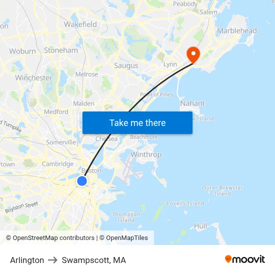 Arlington to Swampscott, MA map