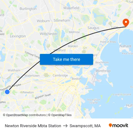Newton Riverside Mbta Station to Swampscott, MA map