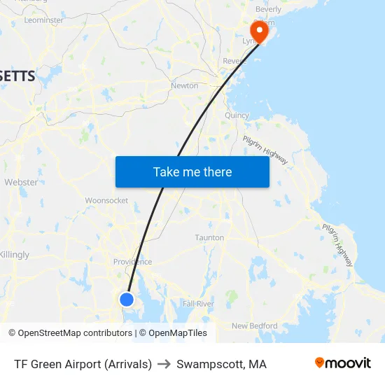 TF Green Airport (Arrivals) to Swampscott, MA map