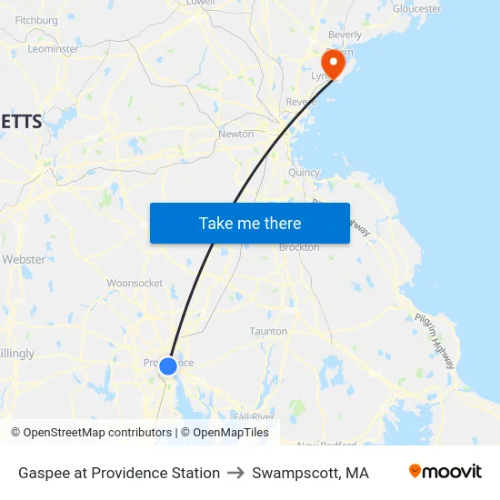 Gaspee at Providence Station to Swampscott, MA map