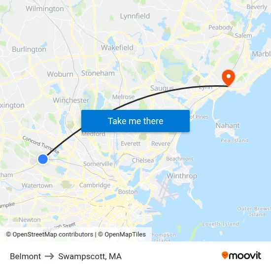 Belmont to Swampscott, MA map