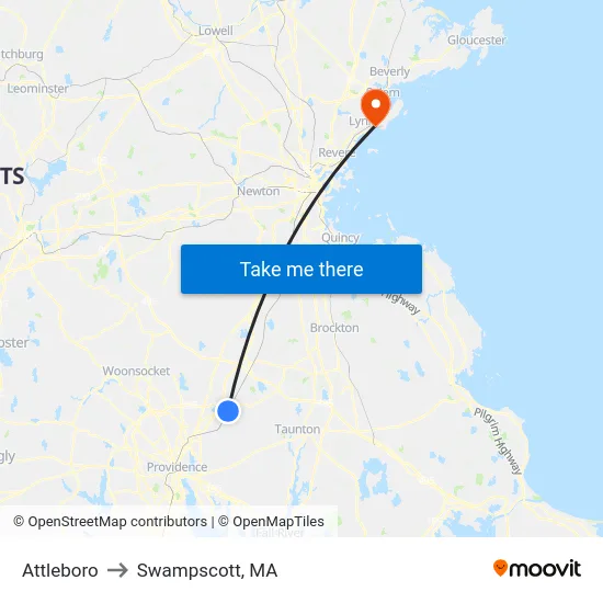 Attleboro to Swampscott, MA map