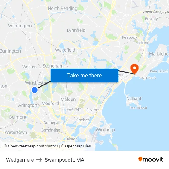 Wedgemere to Swampscott, MA map