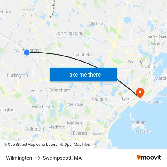 Wilmington to Swampscott, MA map