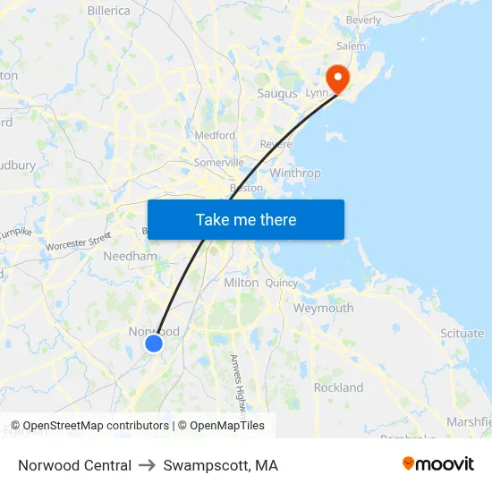 Norwood Central to Swampscott, MA map