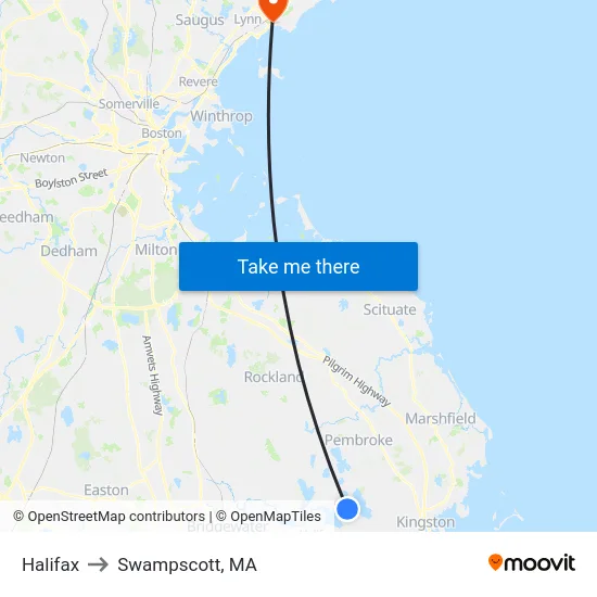 Halifax to Swampscott, MA map