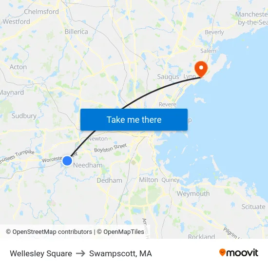 Wellesley Square to Swampscott, MA map